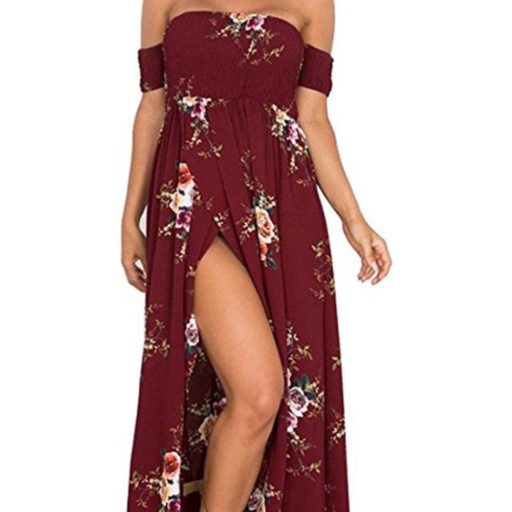 Burgundy Off the Shoulder Maxi Dress